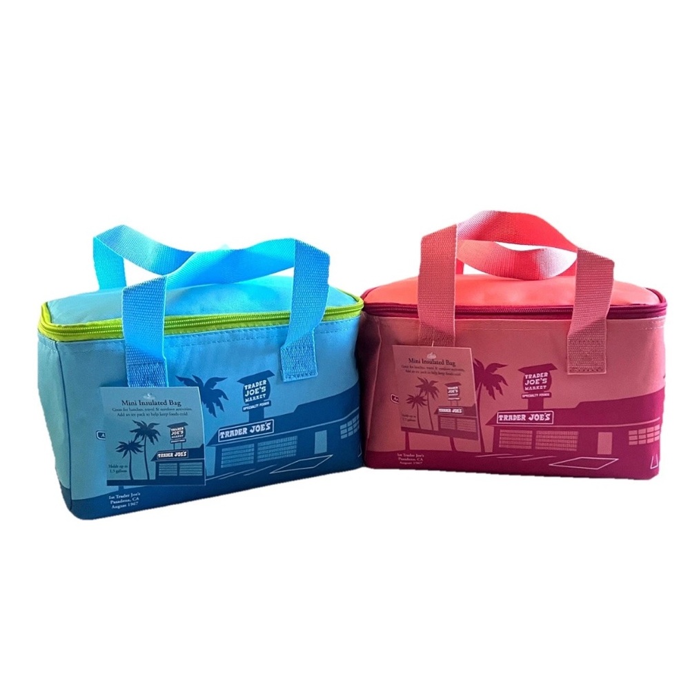 Trader Joes Set 2 Mini Insulated Bags Peach&Blue Tote Picnic Travel Cooler NEW!